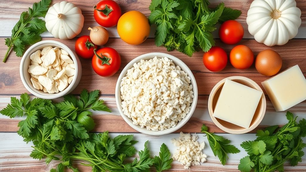 Visão de cima com ovos, leite, farinha, queijo e coco ralado organizados em bancada de madeira.