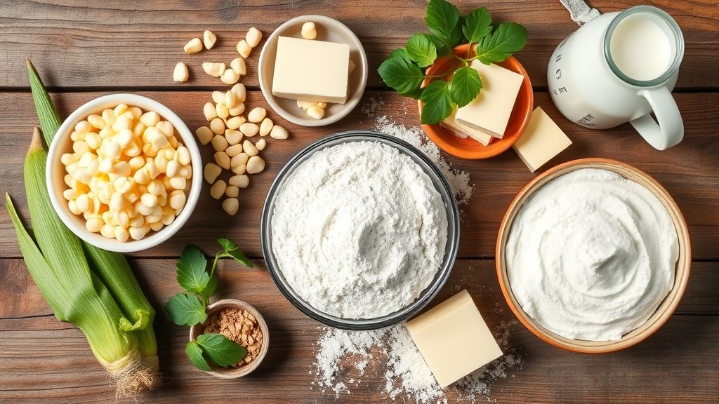 Visão de cima com grãos de milho, queijo branco, leite e manteiga organizados sobre bancada de madeira