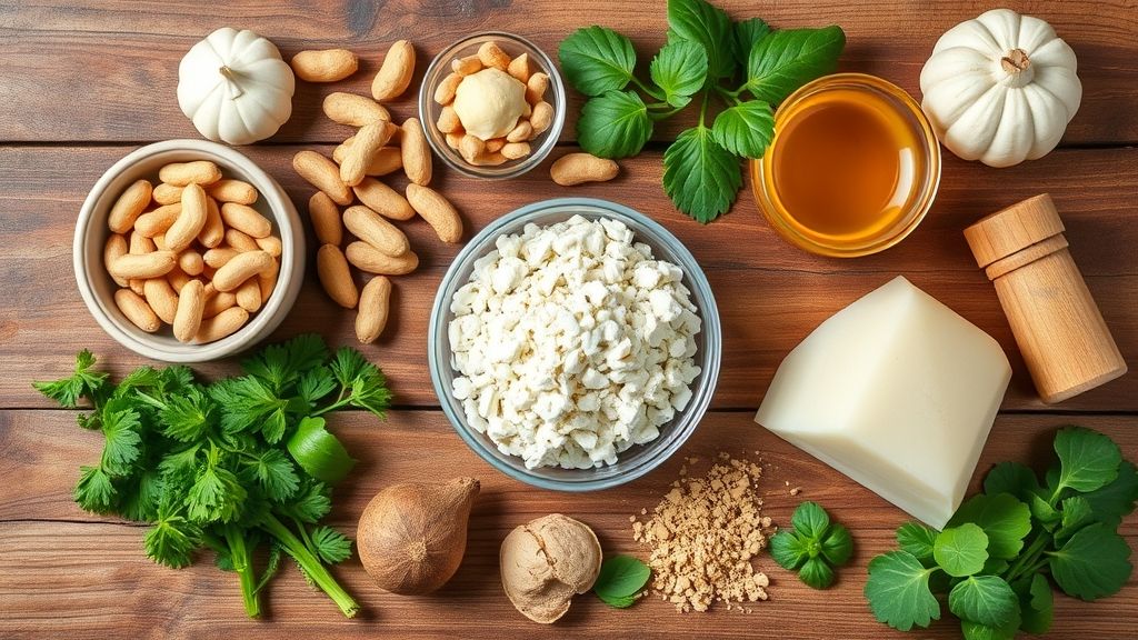 Ingredientes separados sobre bancada, com amendoim torrado, açúcar, chocolate em pó e clara de ovo organizados em tigelas.