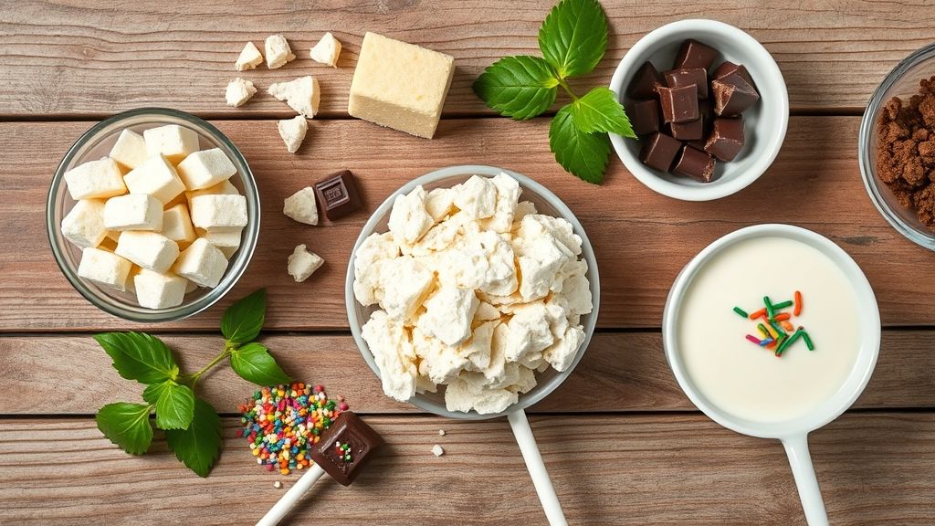 Vista de cima dos ingredientes medidos: bolo esfarelado, leite condensado, chocolate picado e confeitos coloridos