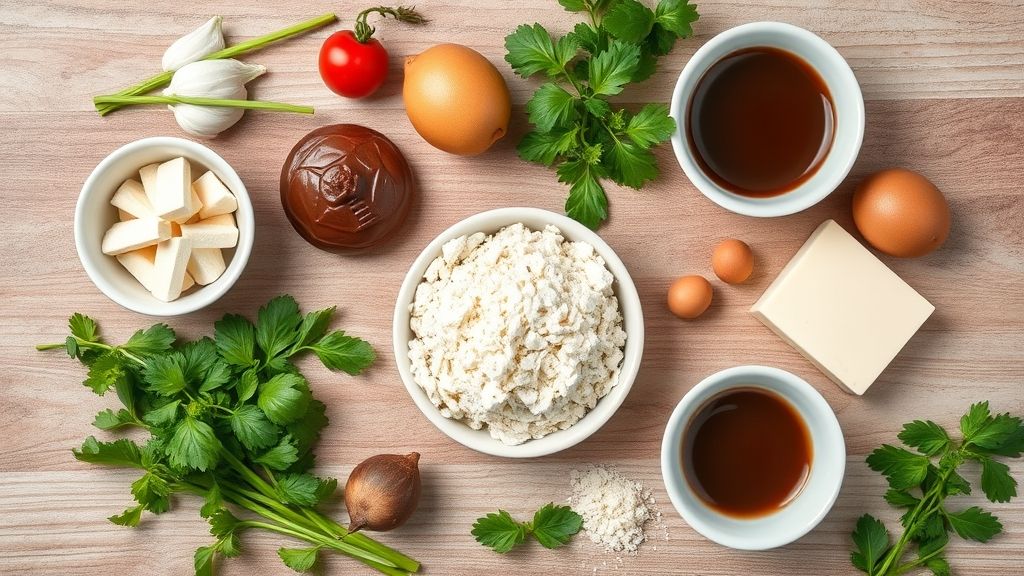 Ingredientes medidos da calda dispostos organizadamente em superfície de madeira rústica