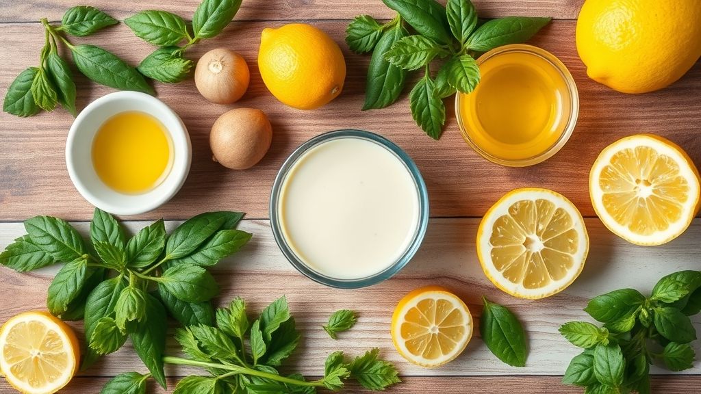 Visão de cima com limões sicilianos, açúcar, raspas e manteiga dispostos sobre bancada de mármore