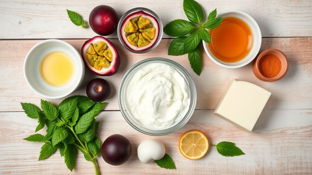 Ingredientes da calda — maracujás frescos cortados e açúcar — dispostos sobre bancada de madeira