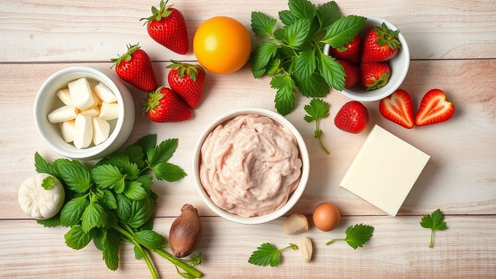 Visão de cima com morangos frescos e açúcar organizados sobre bancada de madeira clara.