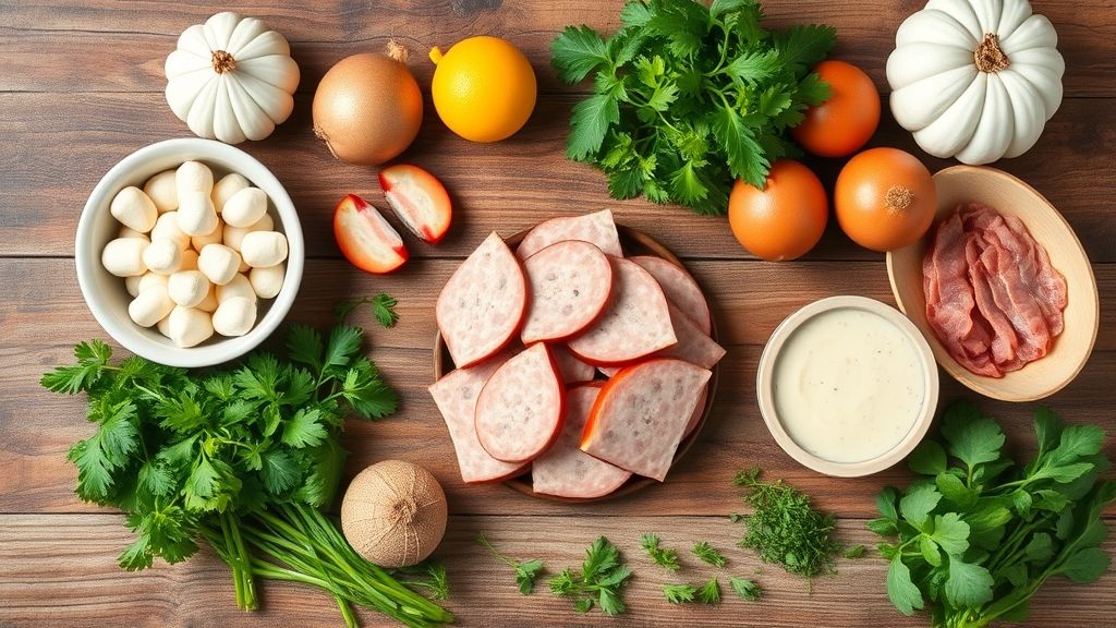 Ingredientes do caldo, incluindo aipim, calabresa, bacon, cebola e temperos dispostos em bancada de madeira