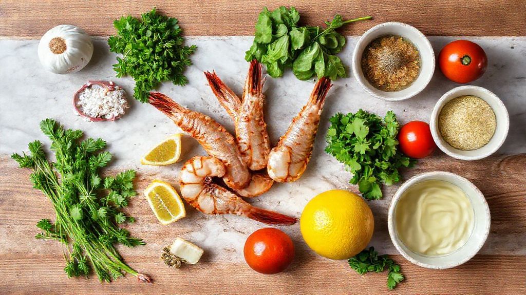 Visão de cima com camarões, limão, alho, azeite e páprica organizados sobre bancada rústica