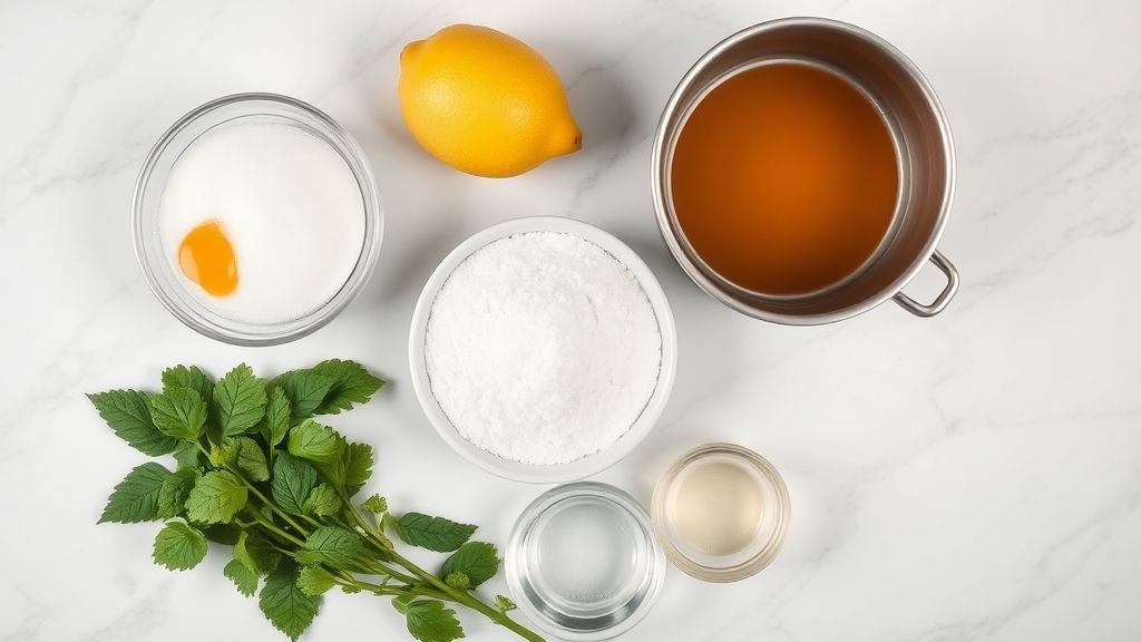 Ingredientes do caramelo dispostos em bancada: açúcar, limão, água e utensílios