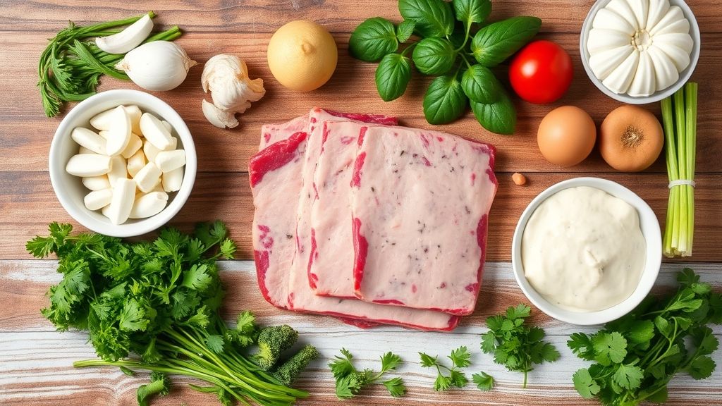 Ingredientes frescos organizados sobre bancada rústica para preparar a carne cremosa