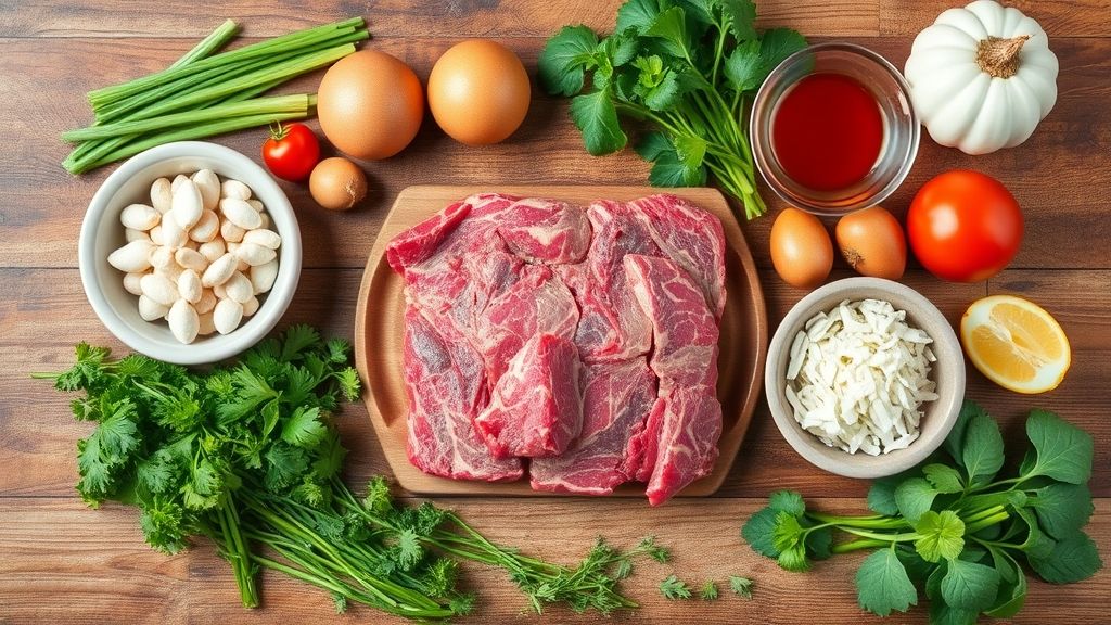 Ingredientes organizados em bancada rústica para preparo da carne de panela sem molho