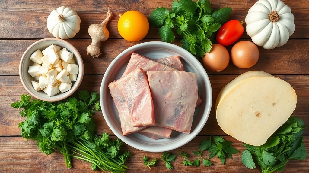 Ingredientes da receita dispostos em bancada de madeira, incluindo carne de porco, mandioca, tomates e temperos