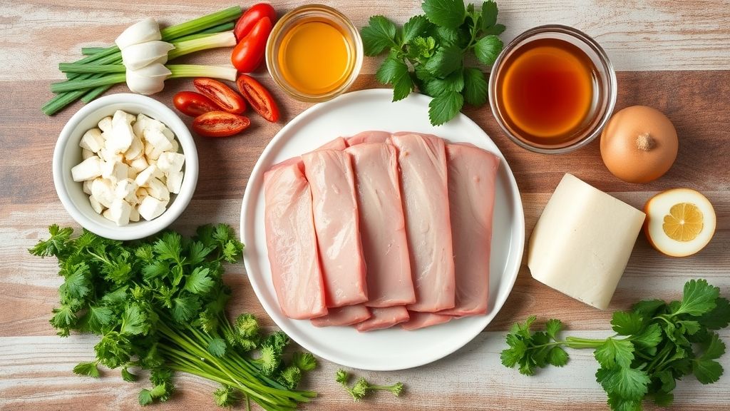 Visão de cima com os ingredientes frescos organizados: carne de porco, mel, shoyu, limão, gengibre e alho.