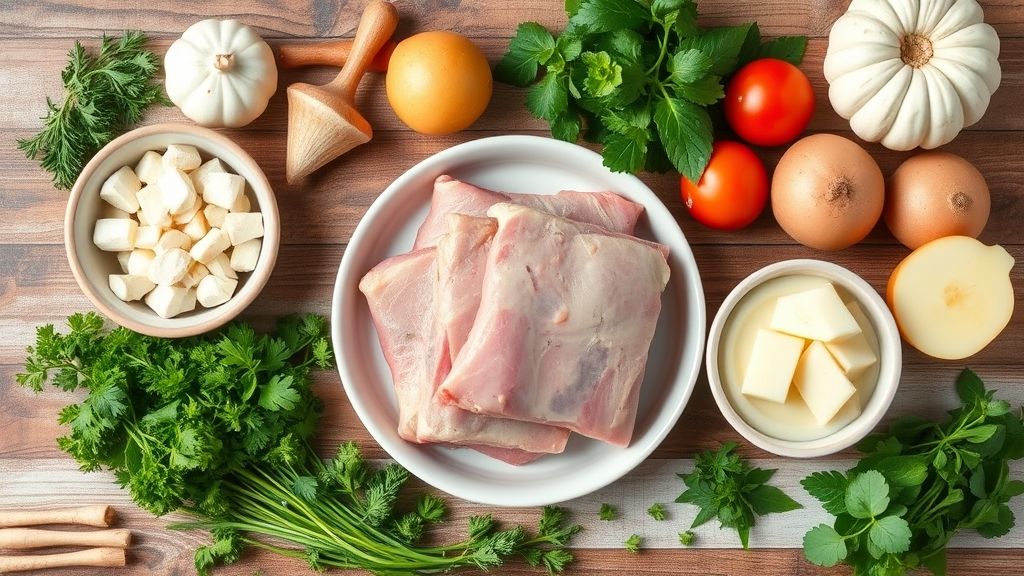 Visão de cima com carne de porco em cubos, batatas, cebola, tomate e temperos organizados na bancada