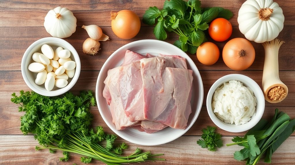 Visão de cima dos ingredientes dispostos em bancada de madeira: carne cortada, cebolas, alho, páprica e temperos