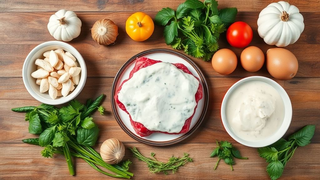 Ingredientes organizados em bancada: carne de sol, leite, cebola, alho e manteiga de garrafa