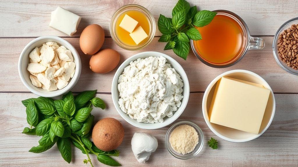 Visão de cima mostrando farinha, amido de milho, margarina, açúcar e doce de leite organizados sobre bancada de madeira.