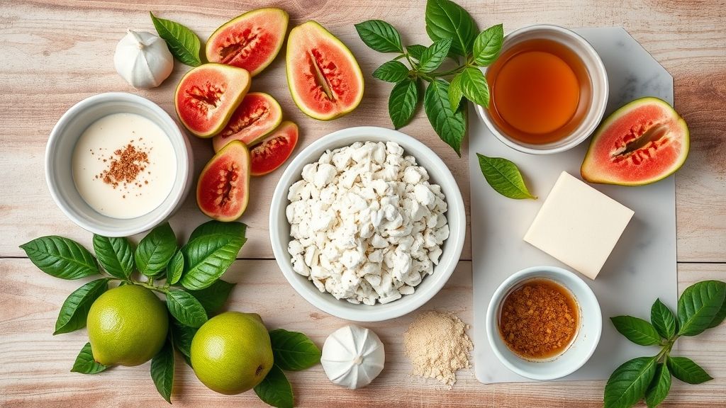 Ingredientes organizados em uma bancada — amido, farinha, manteiga, açúcar, gema e goiabada