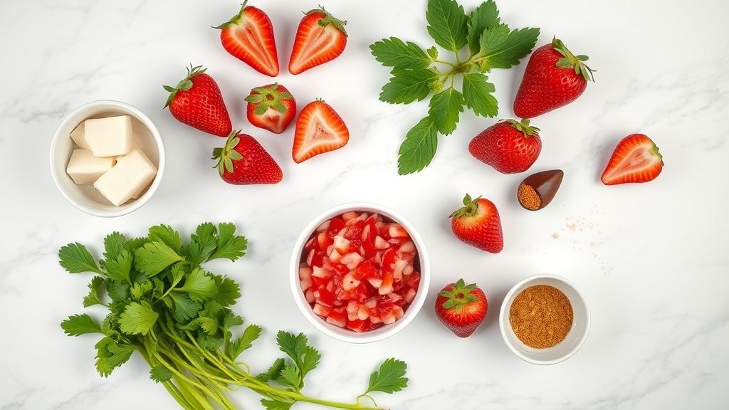 Vista de cima com morangos frescos, açúcar, ágar-ágar e copo de óleo gelado organizados em bancada de mármore.