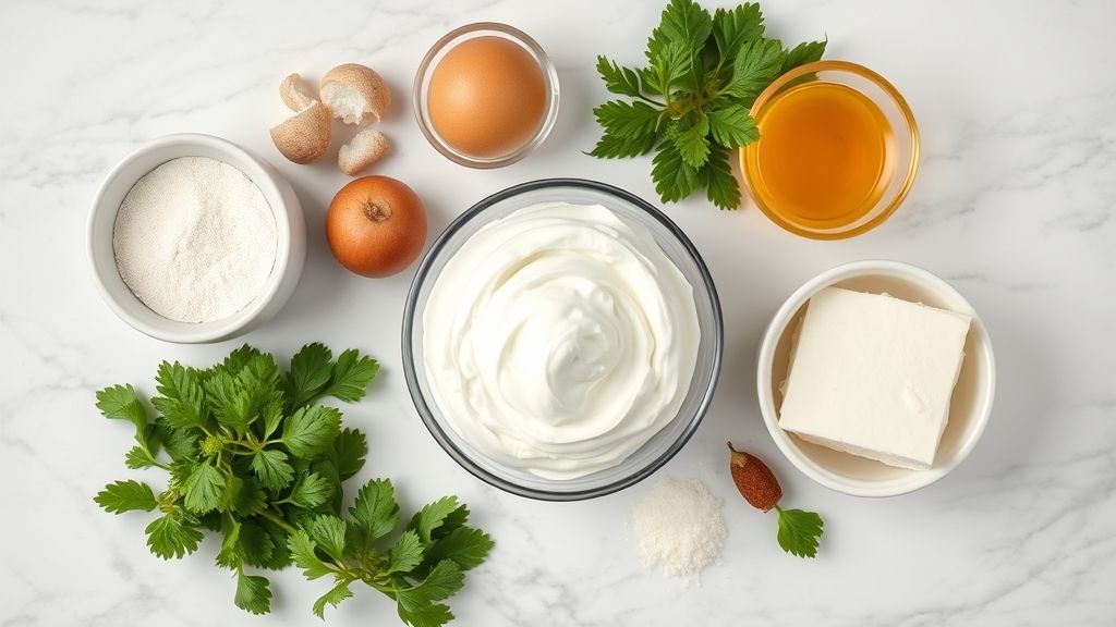 Visão de cima mostrando creme de leite fresco, açúcar e essência de baunilha organizados sobre bancada fria.