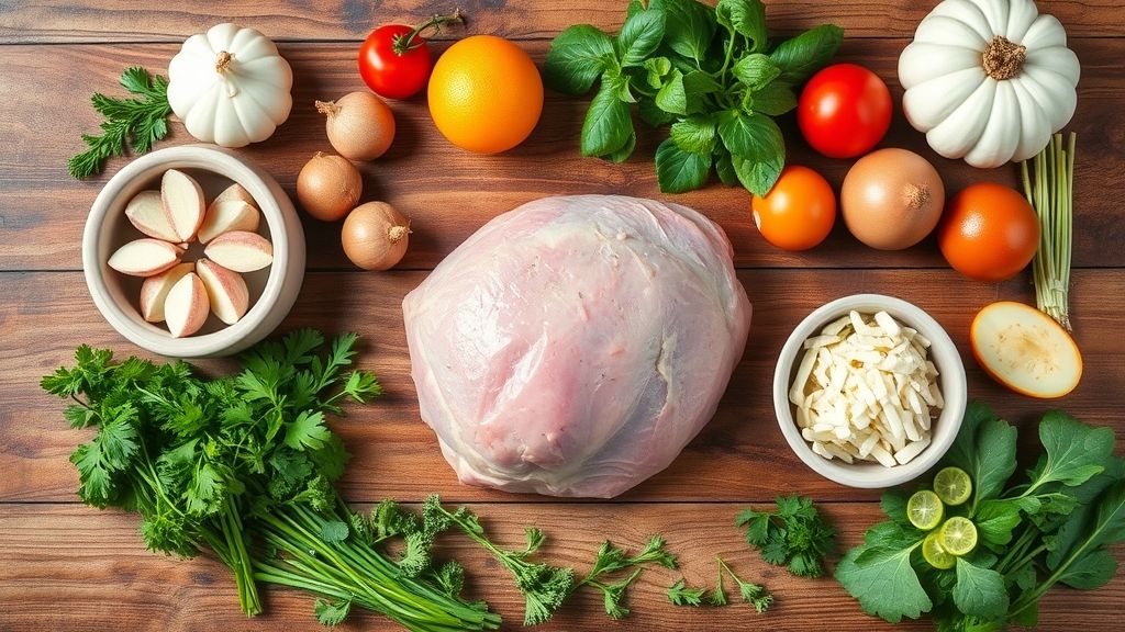 Flat lay com todos os ingredientes da receita de chester dispostos sobre uma bancada rústica de madeira.