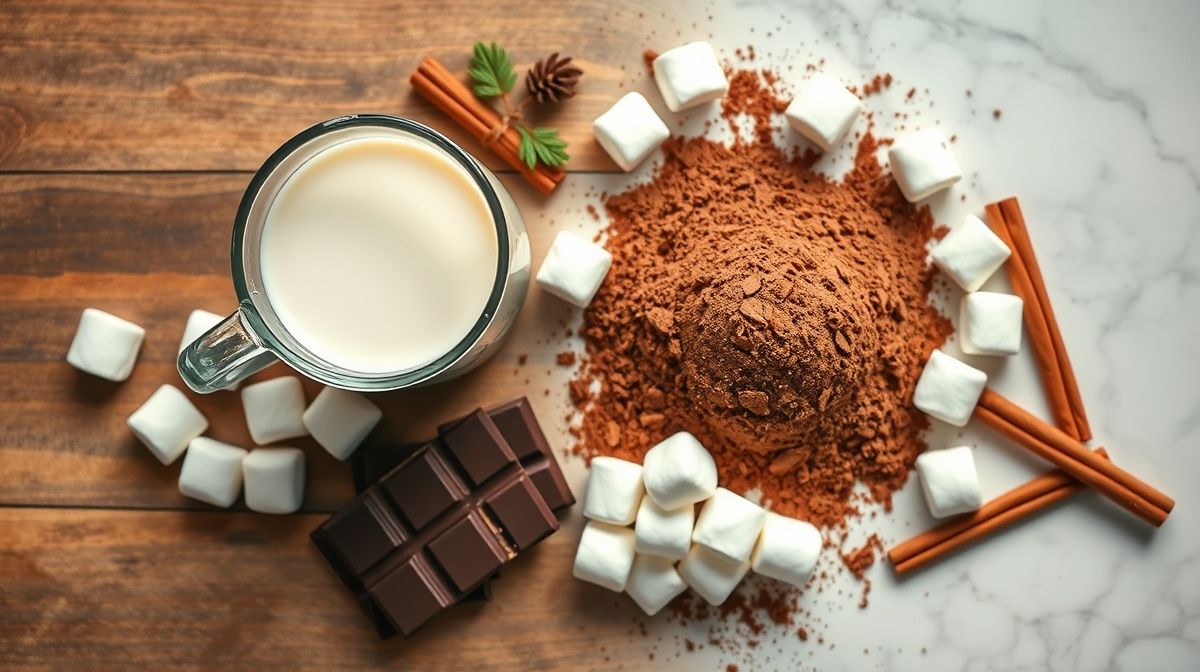 Visão de cima com os ingredientes do chocolate quente dispostos em uma bancada rústica, com leite, cacau, creme de leite e chocolate picado.