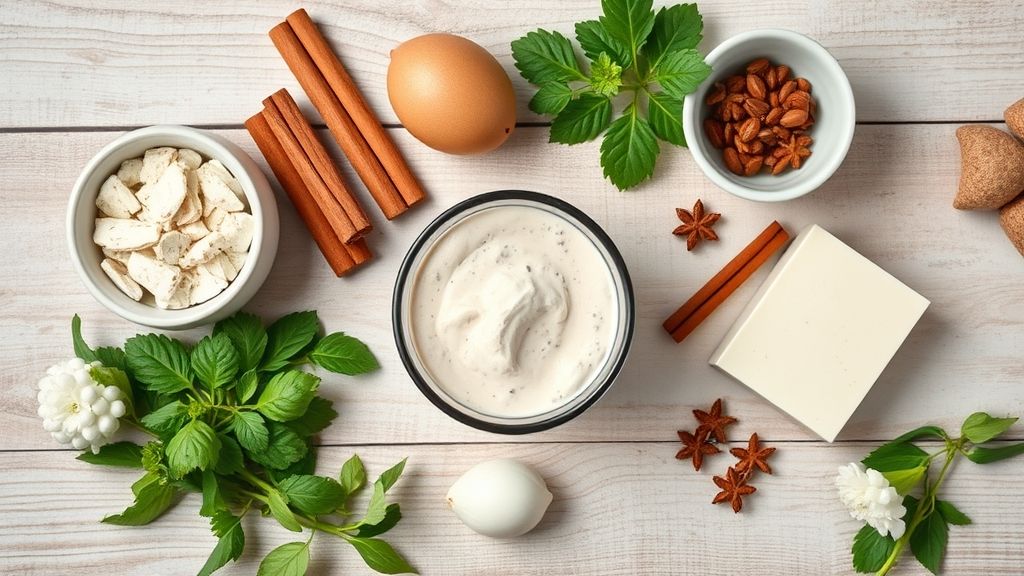 Ingredientes do chocolate quente sem canela organizados em bancada de madeira, com leite, cacau e chocolate em pó