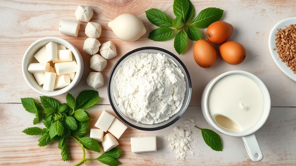 Ingredientes organizados em uma bancada de mármore — leite em pó, leite condensado, açúcar e manteiga