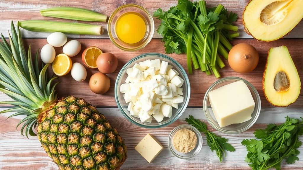 Visão de cima com abacaxi fresco, água e açúcar dispostos de forma organizada sobre uma bancada.