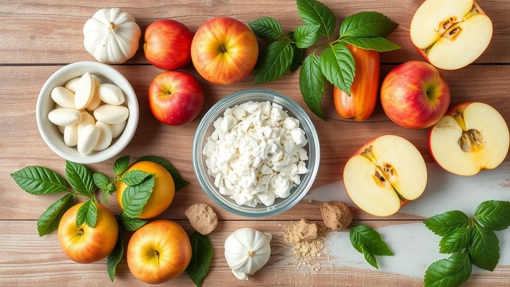 Vista superior com maçãs frescas, limão e utensílios para o processo de congelamento organizados em uma bancada