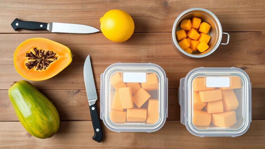 Visão de cima com mamão, limão, faca e potes de armazenamento organizados em superfície de madeira