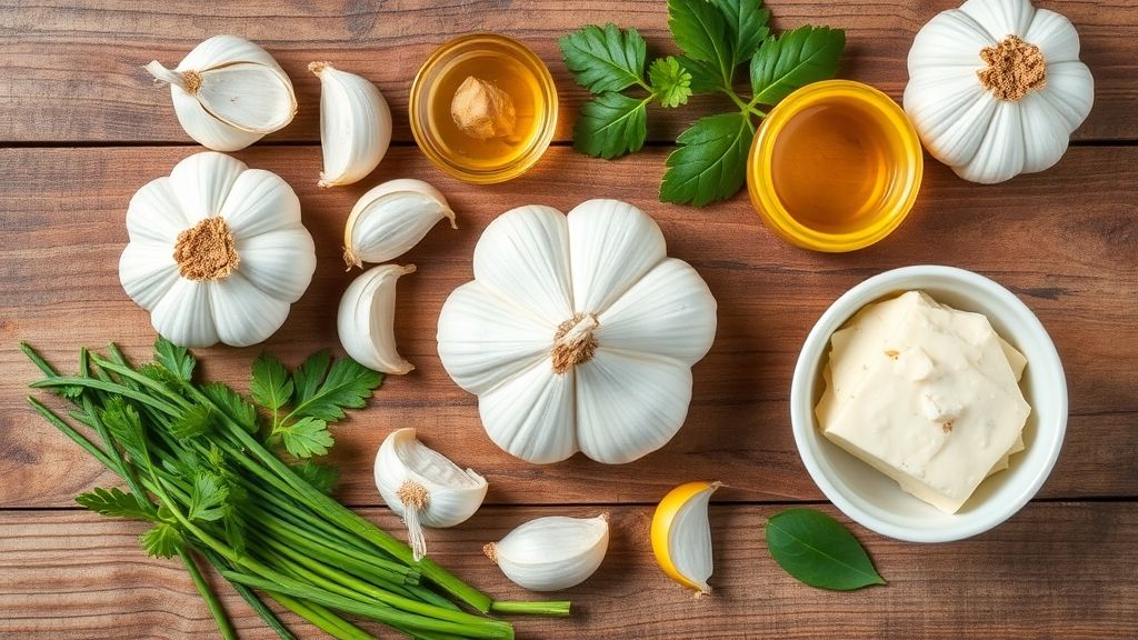 Visão de cima com dentes de alho, vinagre, sal e ervas frescas dispostos em bancada de madeira
