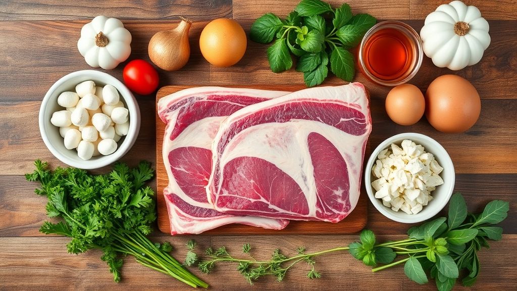 Visão de cima com os ingredientes da costela organizados sobre uma bancada rústica