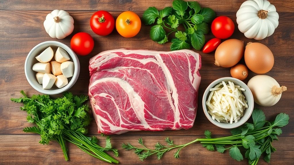 Visão de cima dos ingredientes frescos como costela bovina, temperos, legumes e especiarias dispostos em bancada rústica