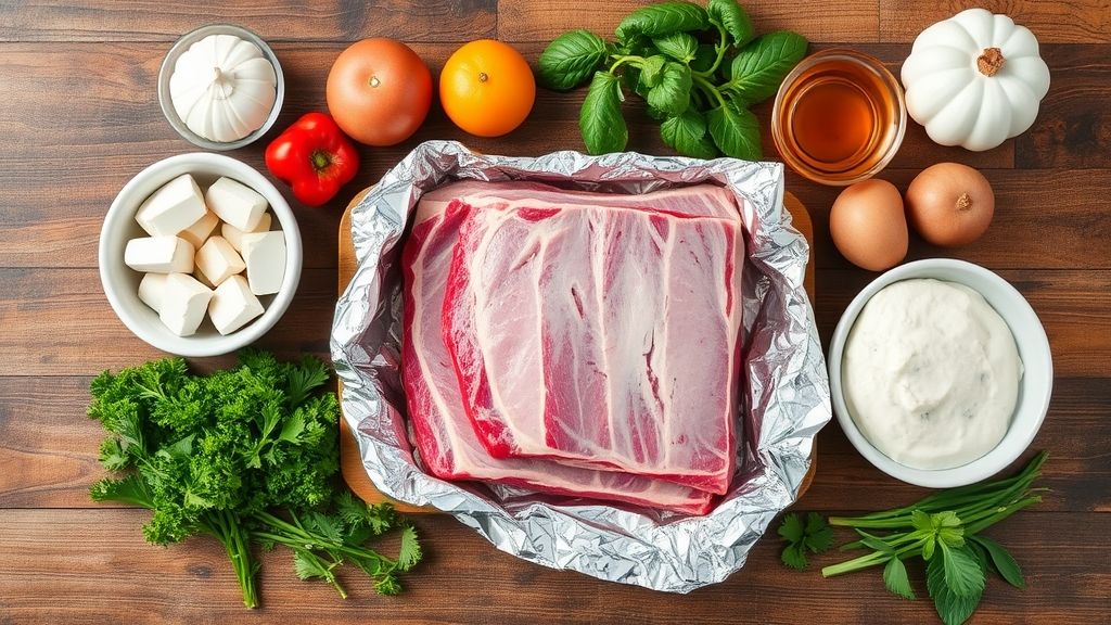 Vista de cima com costela, sal grosso, páprica, alho e alecrim organizados sobre bancada rústica.