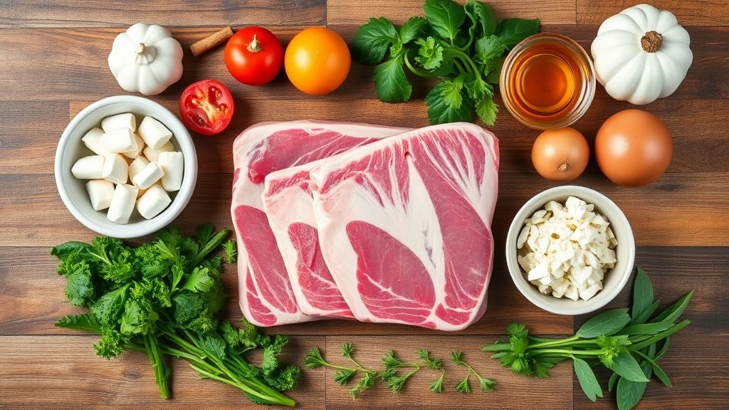 Ingredientes da receita organizados em bancada de madeira, com cortes de costela, temperos e legumes