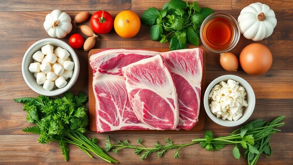 Visão de cima com os ingredientes da costela organizados em uma bancada de madeira