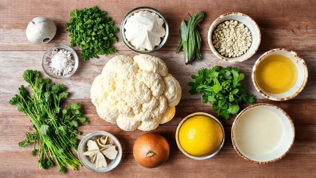 Visão de cima com floretes de couve-flor, ovos, farinhas e temperos organizados em uma tábua de madeira.