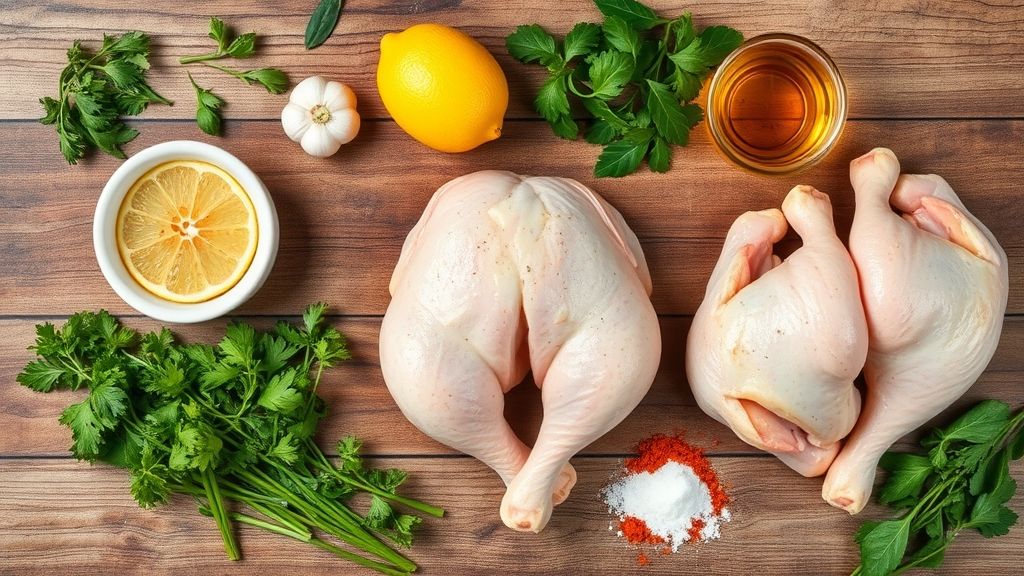 Visão de cima com os ingredientes organizados em bancada de madeira, incluindo frango, alho, limão e temperos