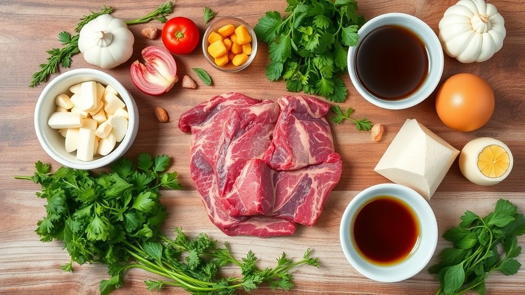 Visão de cima com os ingredientes da receita organizados em uma bancada rústica.