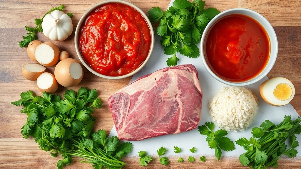 Ingredientes do coxão mole ao molho dispostos sobre uma bancada de madeira, vistos de cima