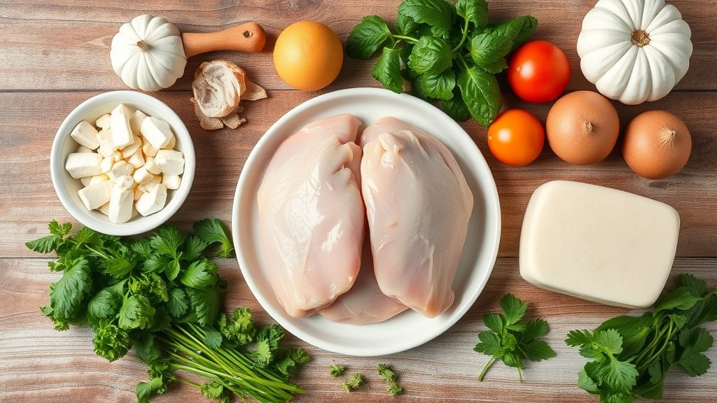 Ingredientes dispostos sobre bancada de madeira, incluindo leite, farinha, frango desfiado e temperos