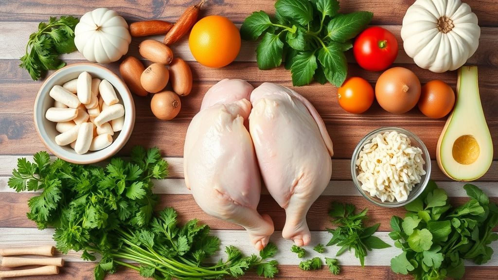 Visão de cima com ingredientes da massa e recheio organizados em uma bancada rústica