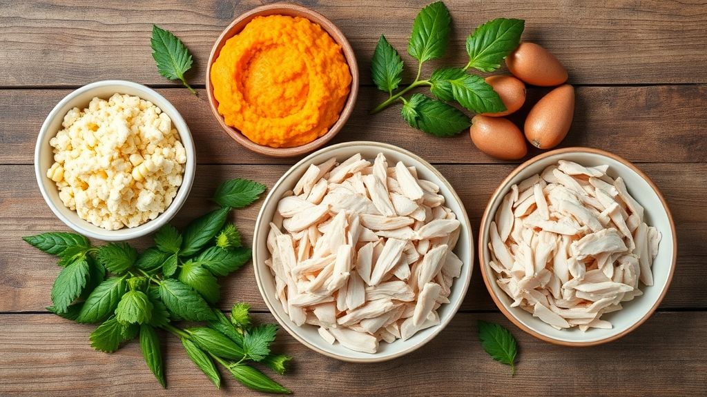 Ingredientes organizados na bancada: purê de batata-doce, amido de milho, frango desfiado e temperos