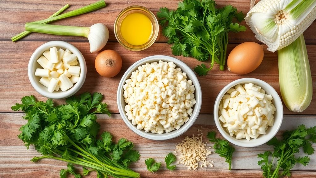 Visão de cima com o milho, leite, manteiga e demais ingredientes organizados em bancada rústica