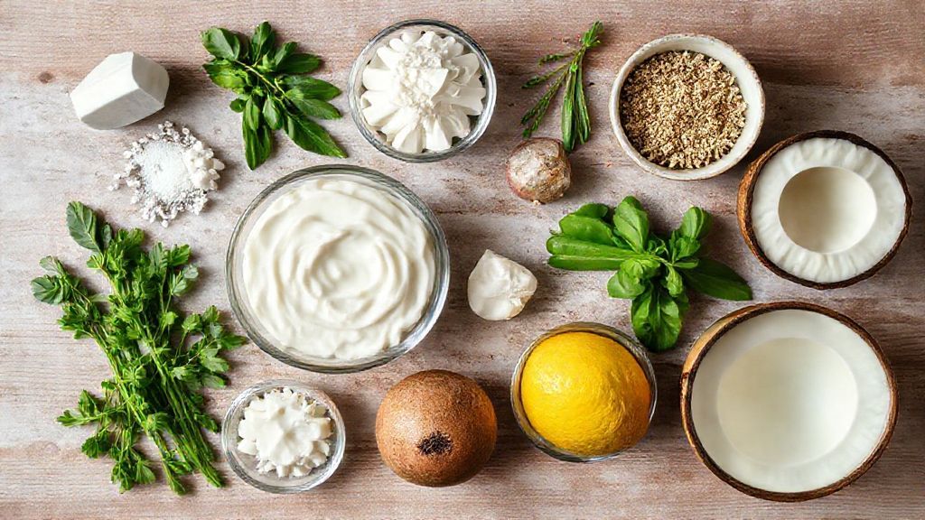 Visão de cima dos ingredientes organizados: leite, coco ralado, leite condensado e creme de leite