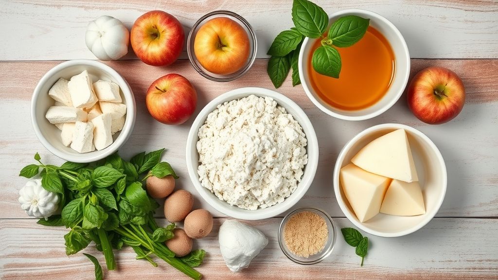 Visão de cima mostrando maçãs, manteiga, farinha, nozes e especiarias organizados sobre uma bancada rústica.