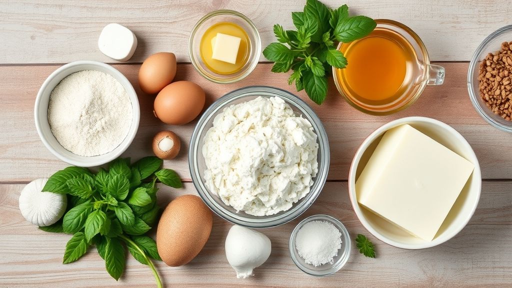 Visão de cima dos ingredientes da cuca — farinha, ovos, açúcar, manteiga, leite condensado — organizados sobre bancada de madeira