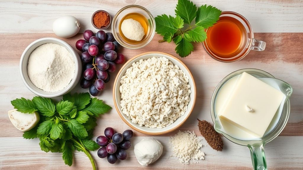 Visão de cima mostrando farinha, ovos, uvas, manteiga e demais ingredientes organizados em uma bancada de madeira