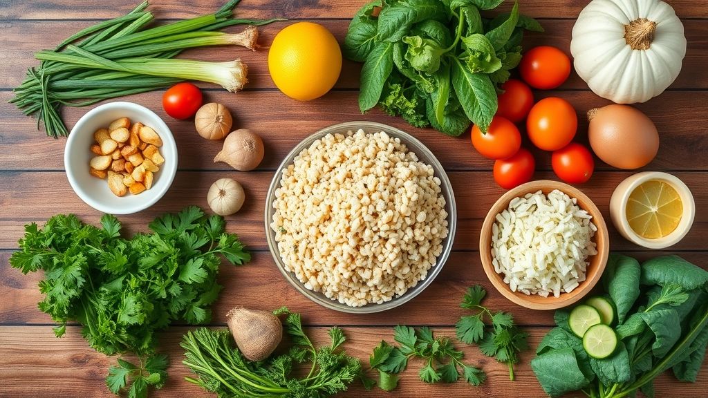 Visão de cima mostrando os ingredientes do cuscuz separados e bem organizados sobre uma bancada de madeira