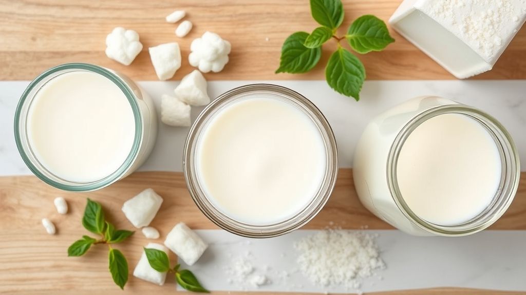 Visão de cima com grãos de kefir congelados, leite integral e utensílios de vidro organizados na bancada