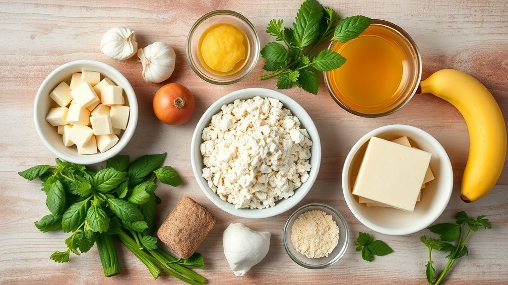 Visão de cima com bananas maduras, açúcar, manteiga e limão organizados sobre bancada de madeira